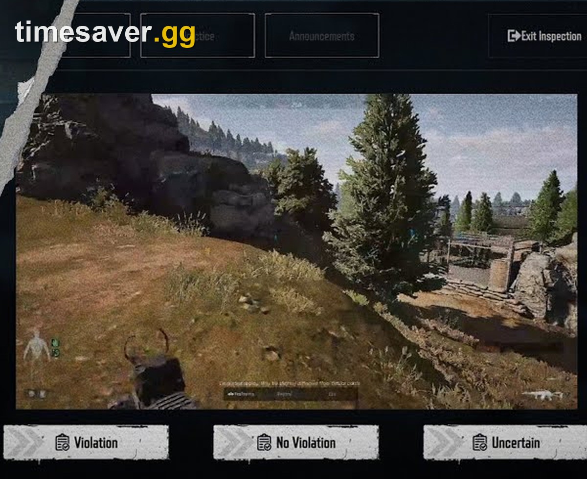 The official Arena Breakout: Infinite Inspector Workbench showing a reported raid replay with the Practice and Announcements tabs above and the Violation, No Violation and Uncertain buttons below