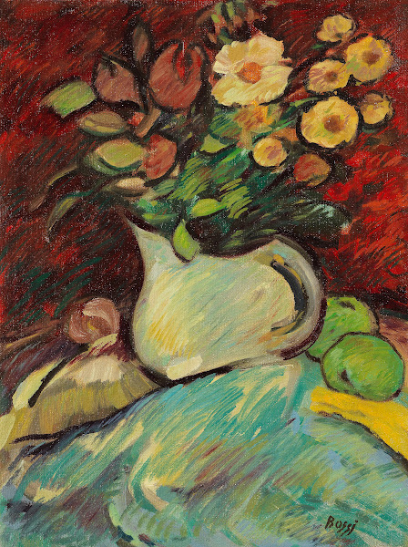 Stillleben mit Blumenvase und Äpfeln 1910