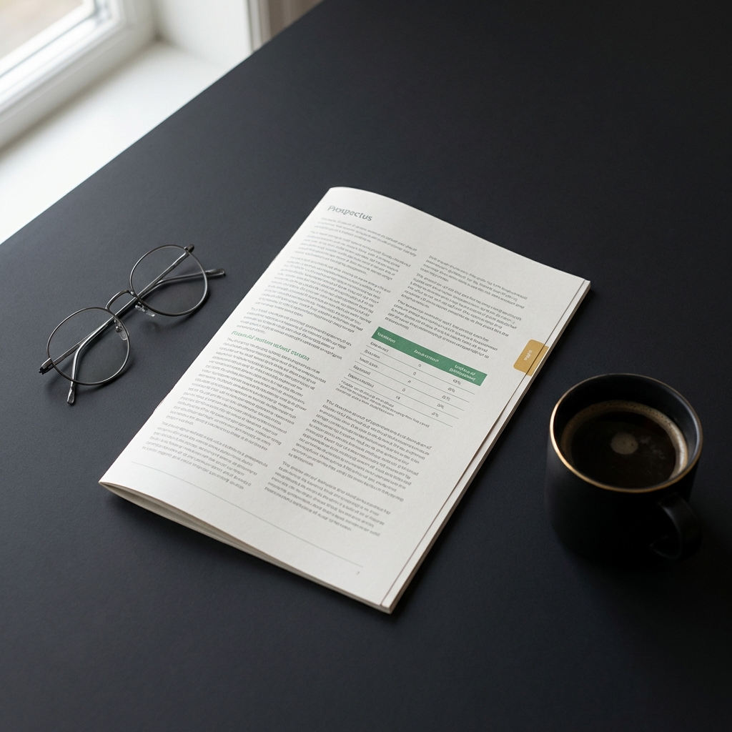 Close up of a financial prospectus next to reading glasses and a cup of coffee suggesting careful review and financial planning fidelity crypto ira