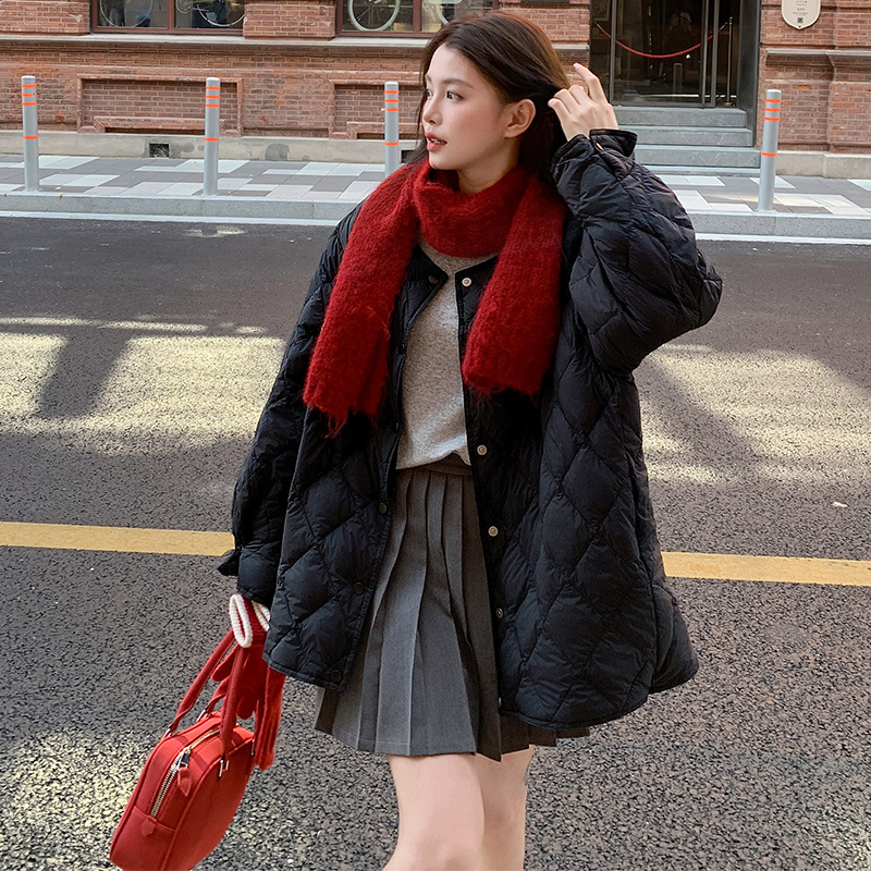 Mid-length down jacket for women, plus sizes, diamond quilting