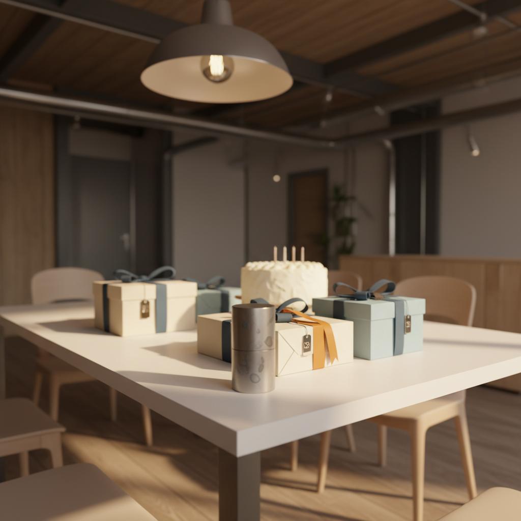 Intime Esstischszene mit Geschenkstücken und einfachem Vanillekuchen, Fokus auf Details der Geschenke und dem Schutzengel Geschenk, warmes Licht und leichter Industriecharme