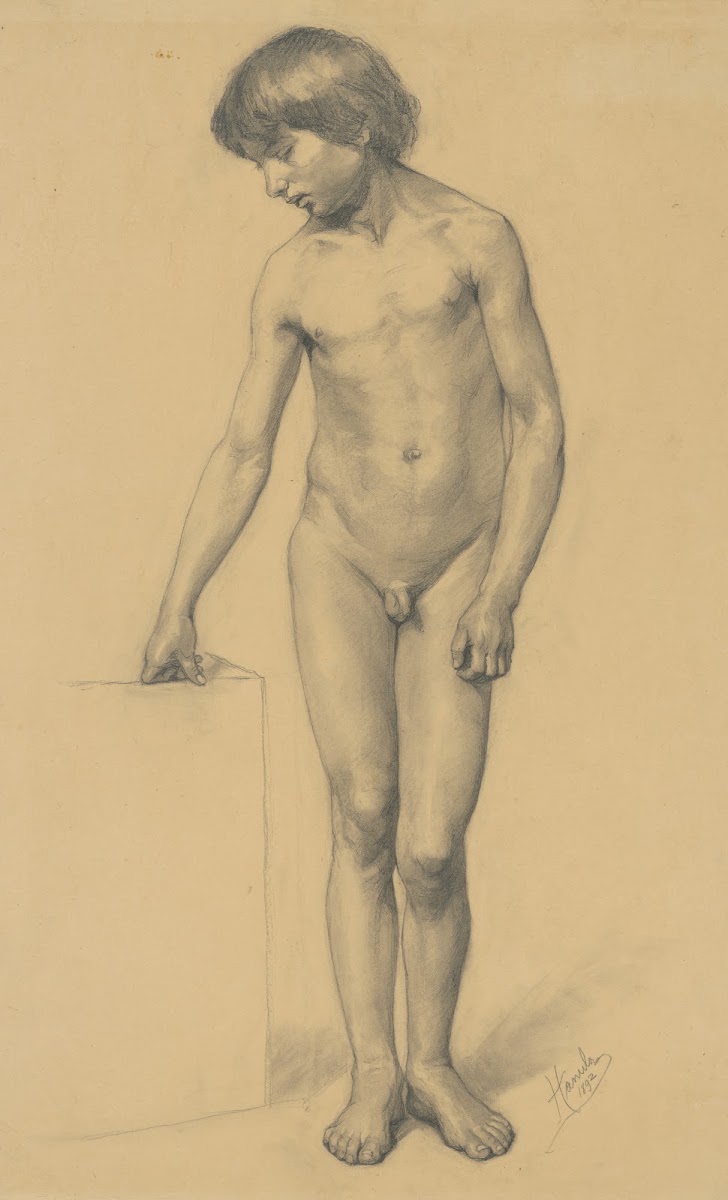A study of a boys nude resting on a pedestal