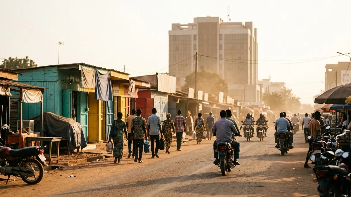 Rue commerçante animée d'une capitale ouest-africaine en fin de journée