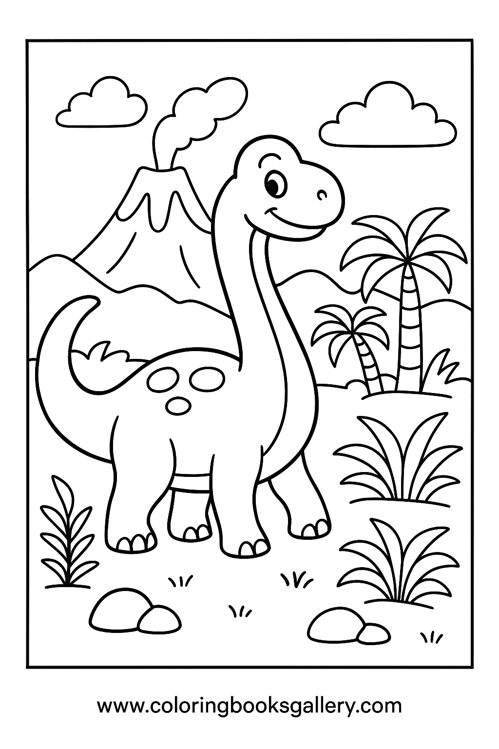 Easy Brachiosaurus Under The Volcano Sky Coloring Page For Kids – free coloring page for kids