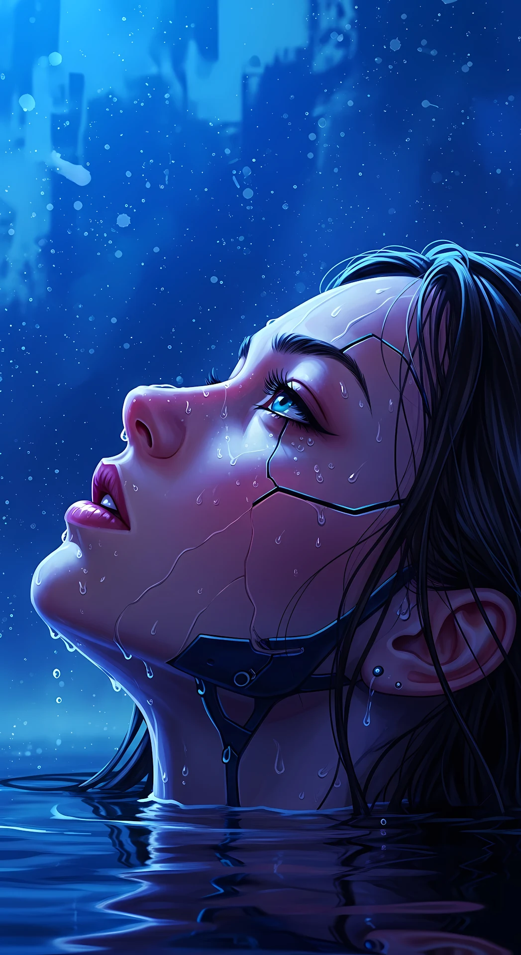 Android Woman Emerging from Water in Neon Rain - Free 4K mobile Wallpaper