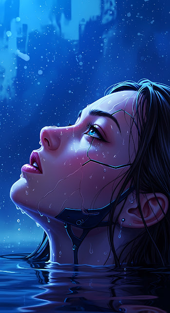 Android Woman Emerging from Water in Neon Rain - Free mobile Wallpaper