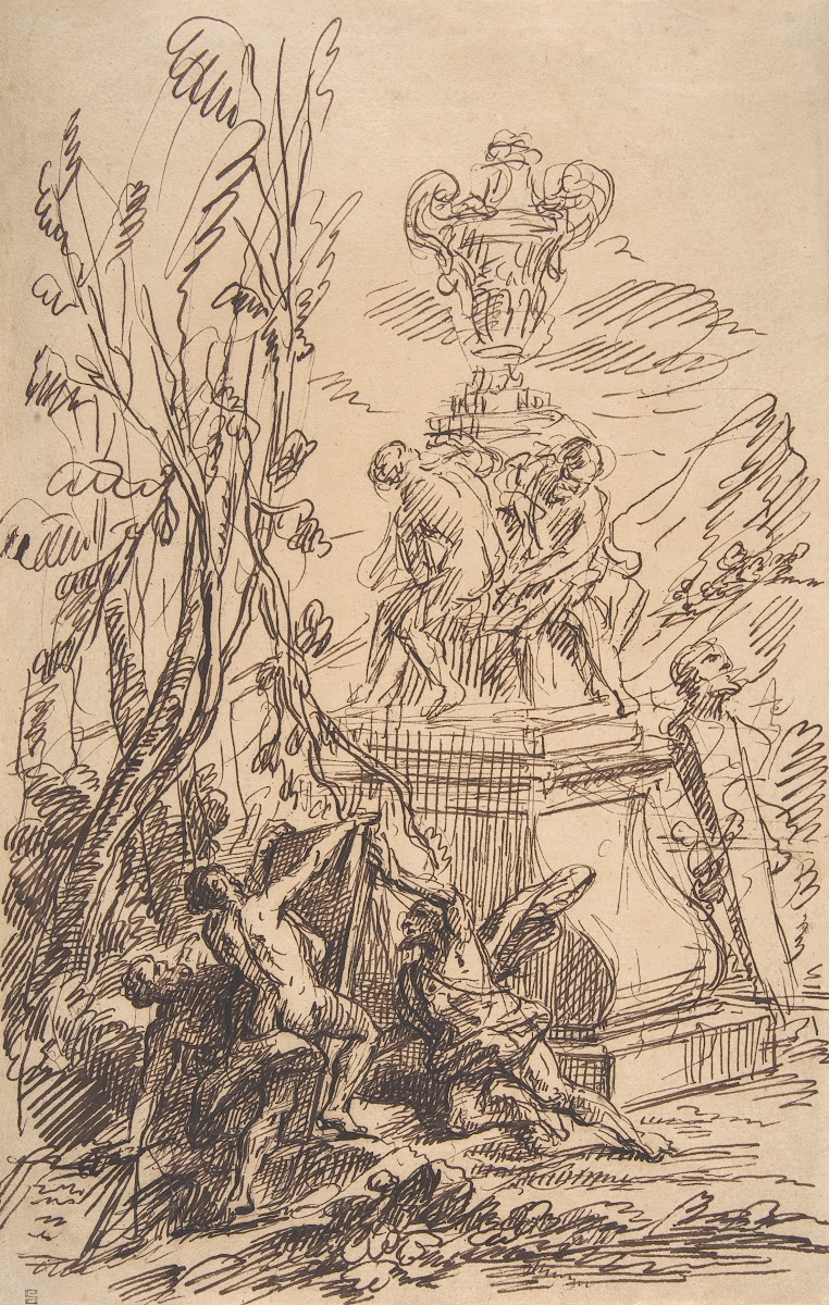 Three Men in a Landscape near Sculptures 18th century