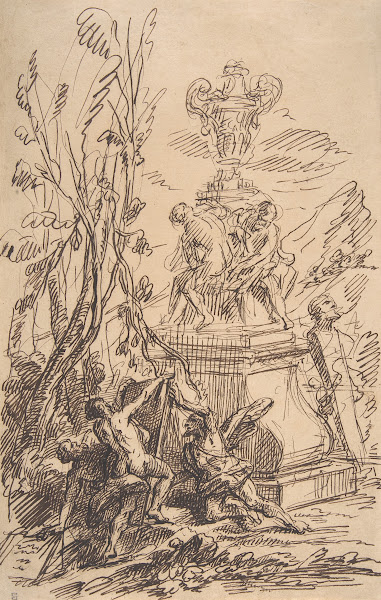Three Men in a Landscape near Sculptures 18th century