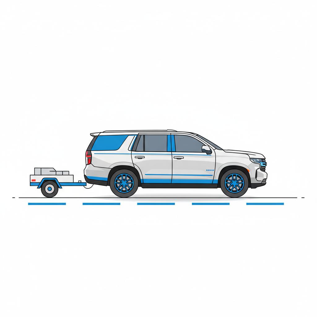 Minimalist 2D vector of a chevy tahoe for sale towing a small trailer on a highway with blue accents on white background side profile no people