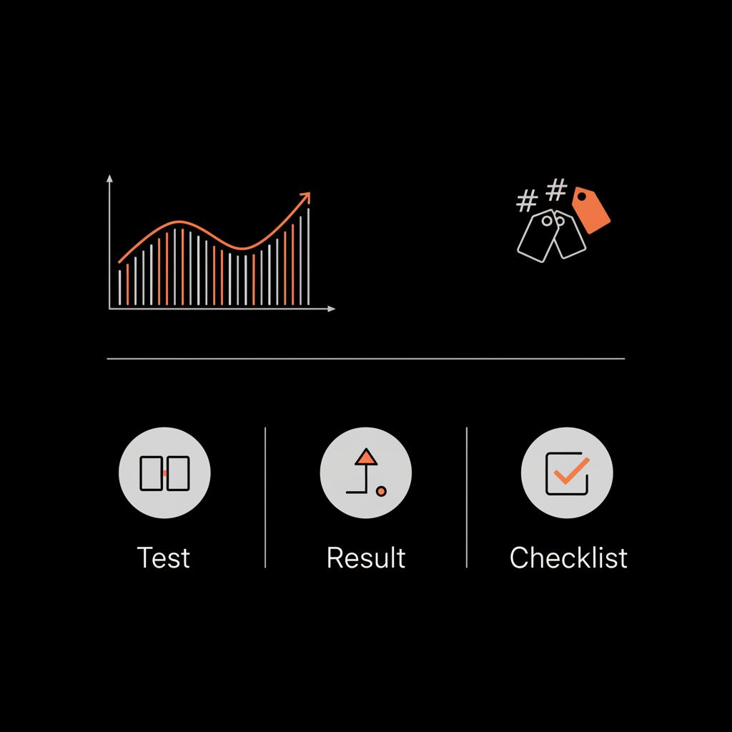 Minimal dark infographic showing tags and analytics with three small icons for tests, results, and a checklist; designed for hashtag strategy 2025 guidance.