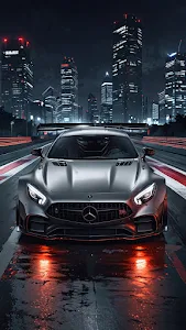 Silver Supercar on Wet City Track at Night