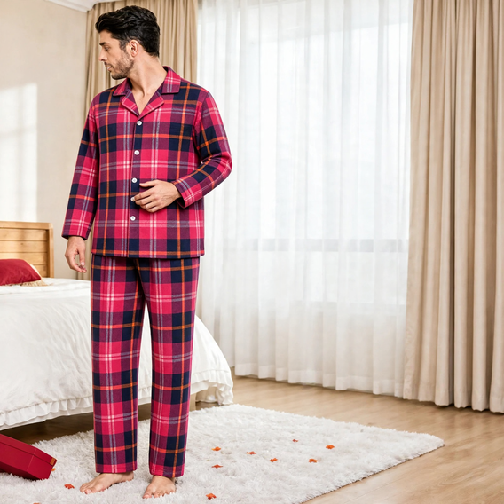 Family Pajama Set, checked, long-sleeve, with lapel