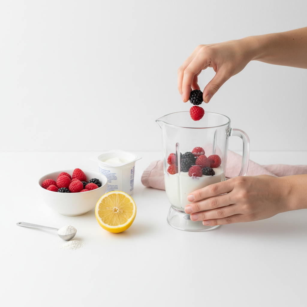 Ernährung brüchige Nägel: Hände bereiten auf weißer Arbeitsfläche einen nährstoffreichen Smoothie mit Beeren, Zitrone, Joghurt und Kollagenpulver zu.