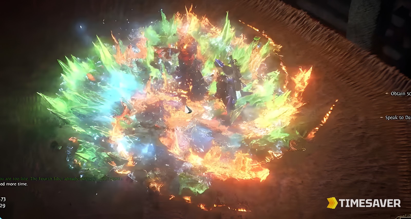 PoE2 melee build detonating a massive fire-and-poison AoE explosion to wipe a tight enemy pack, patch 0.5.4 Runes of Aldur