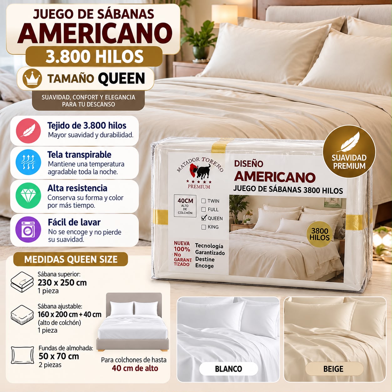 Juego de sábanas Diseño Americano 3800 hilos – blanco y beige