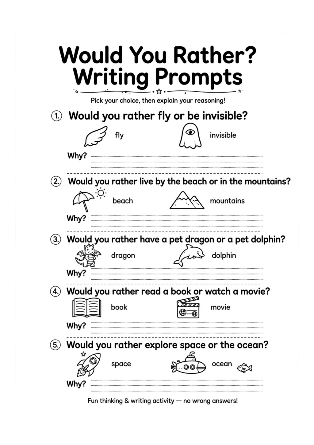 Would You Rather Writing Prompts Worksheet