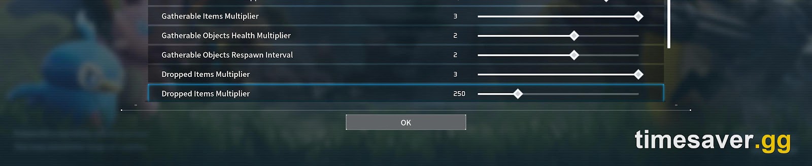 Palworld World Settings screen showing the Dropped Items Multiplier slider