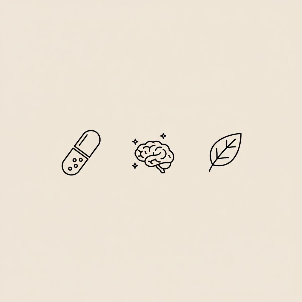 Minimal vector line illustration of a capsule, small brain with sparkles, and a botanical leaf on beige background representing the most powerful cognitive enhancer.