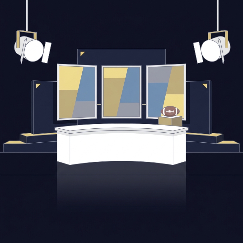 Minimalist 2D vector pregame studio set empty of people with deep navy background abstract monitors and accent details for cbs nfl predictions