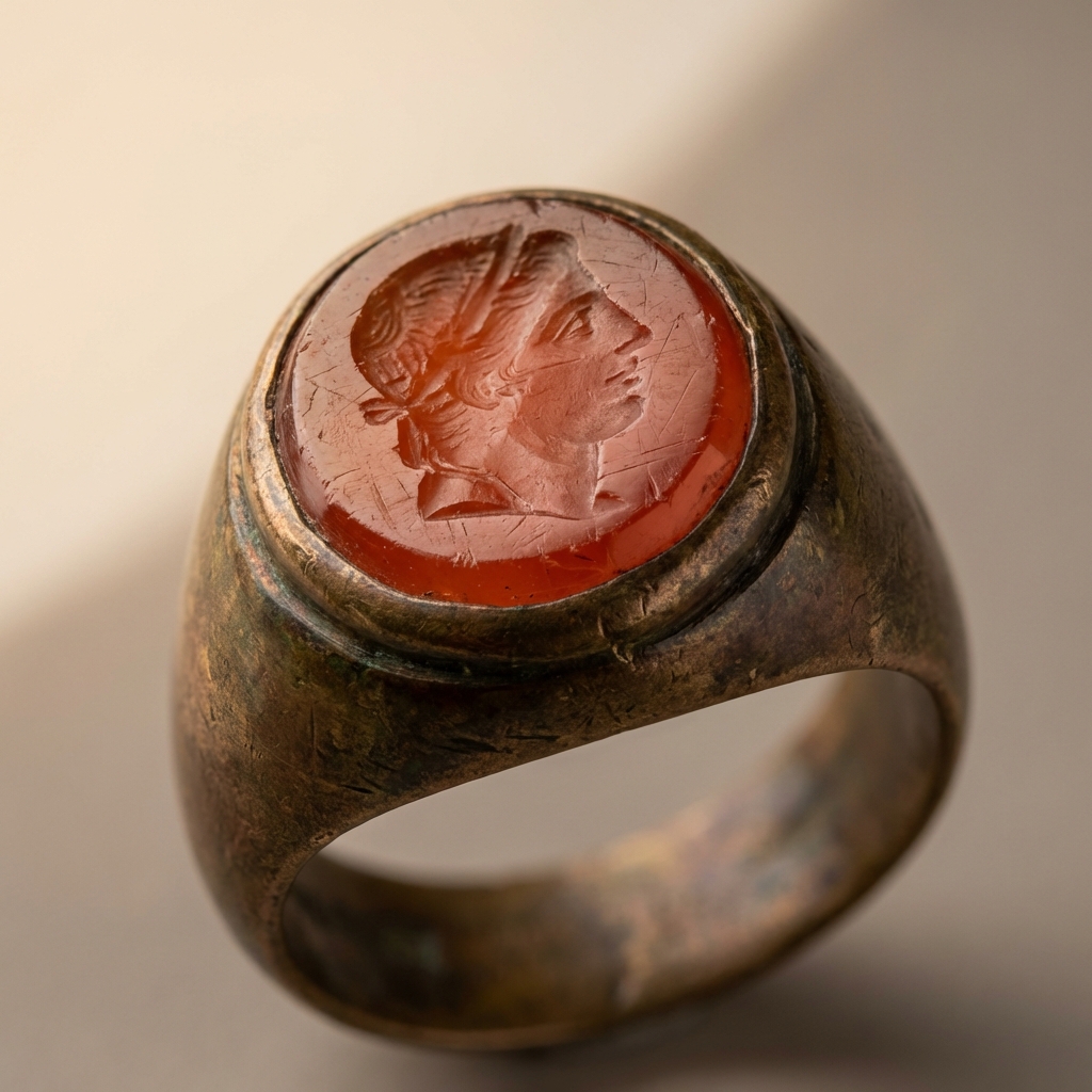Macro photograph of an ancient byzantine ring showing a carved carnelian intaglio and worn bronze band with visible tool marks and age wear on a pale beige background