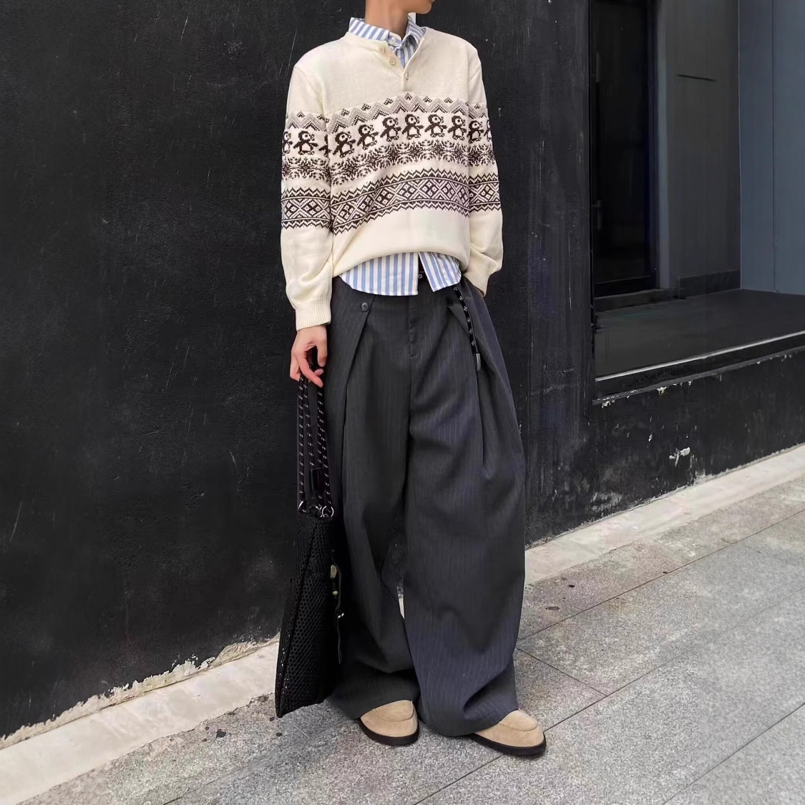 Unisex knitted sweater with Fair-Isle pattern and button placket