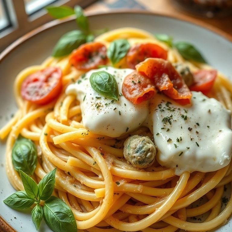 Creamy Basil Garlic Pasta with Burrata and Prosciutto: Quick Homemade Dinner