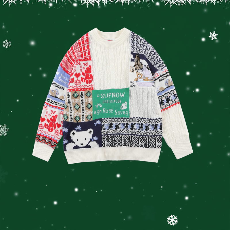 Retro Knitted Sweater with Cable Pattern and Bear Motif