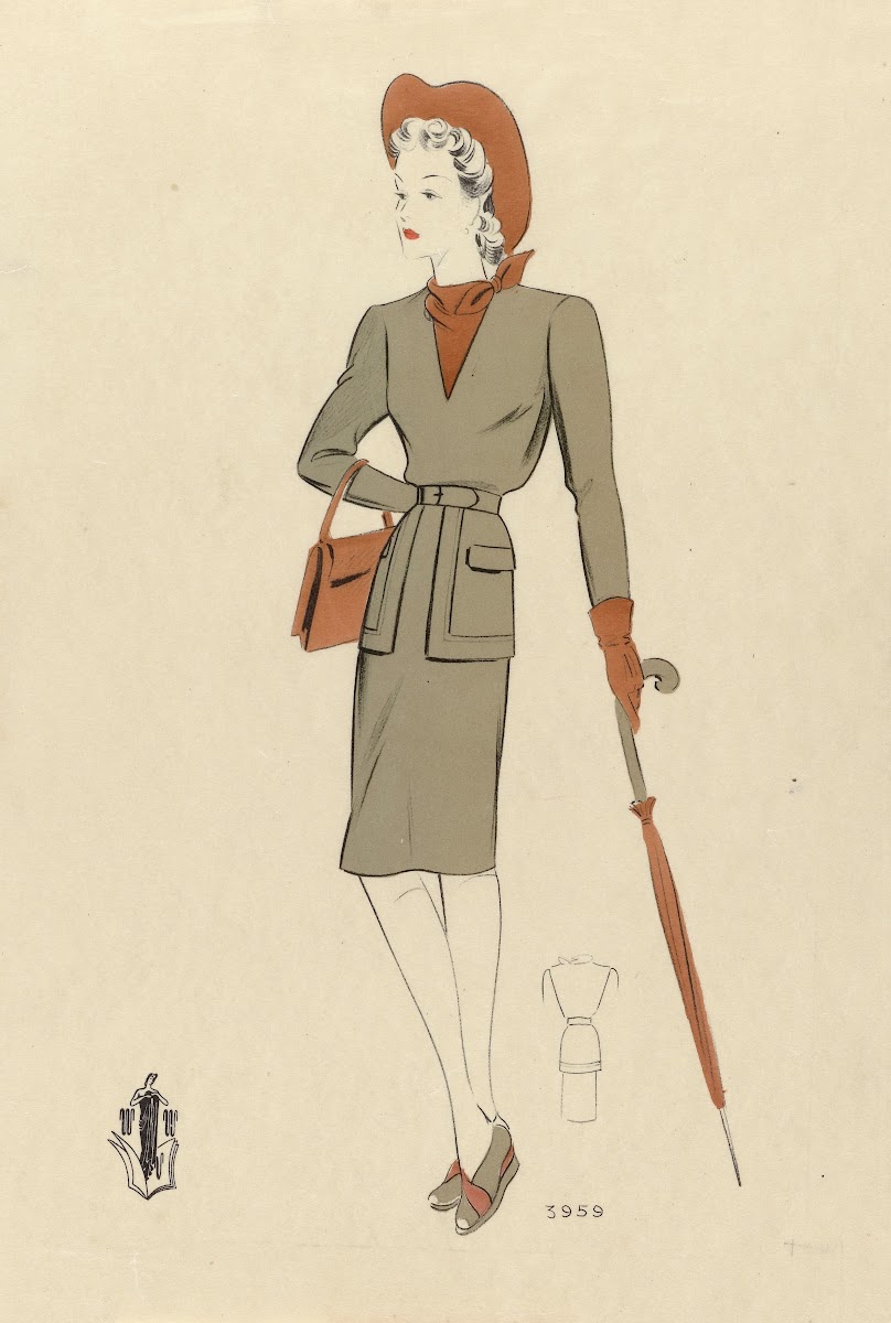 Woman with Handbag and Umbrella ca 1942