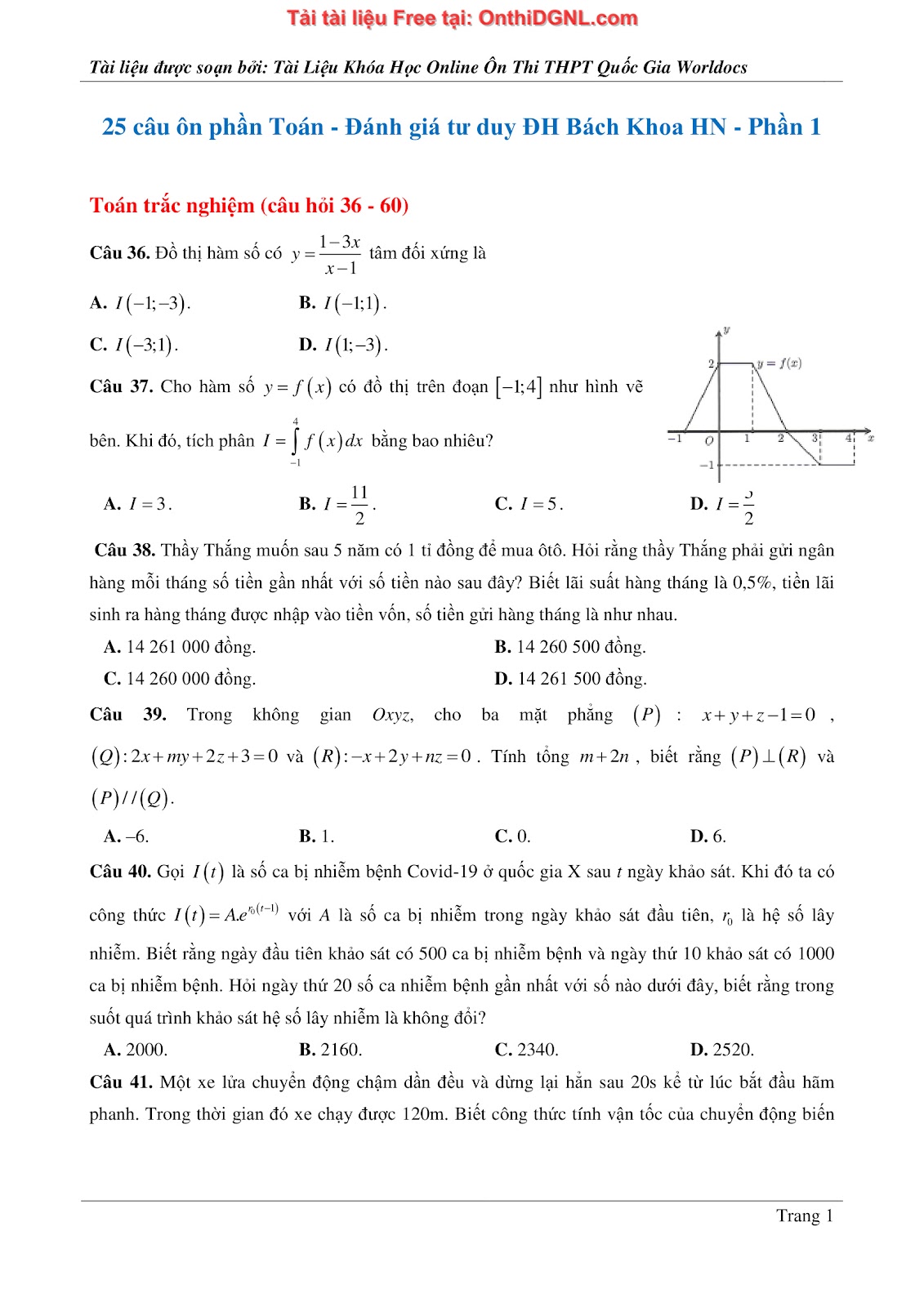 475 bài tập môn Toán - Ôn thi ĐGTD ĐH Bách Khoa Hà Nội