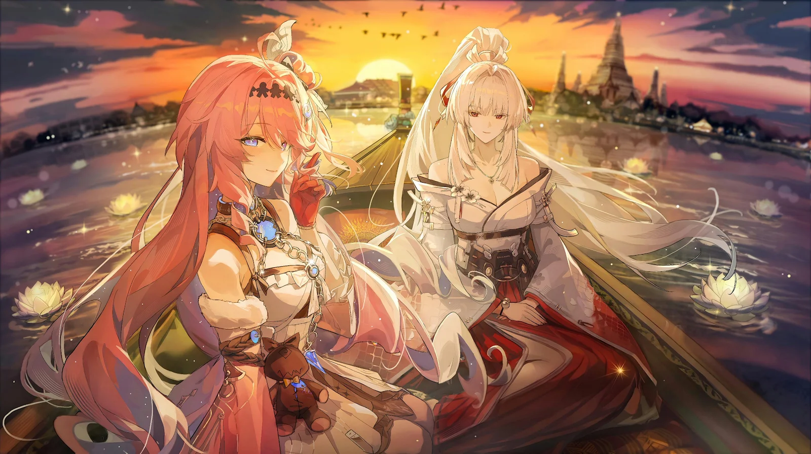Anime Girls on Sunset Boat - Digital Anime Art 4K Wallpaper (4096x2297)