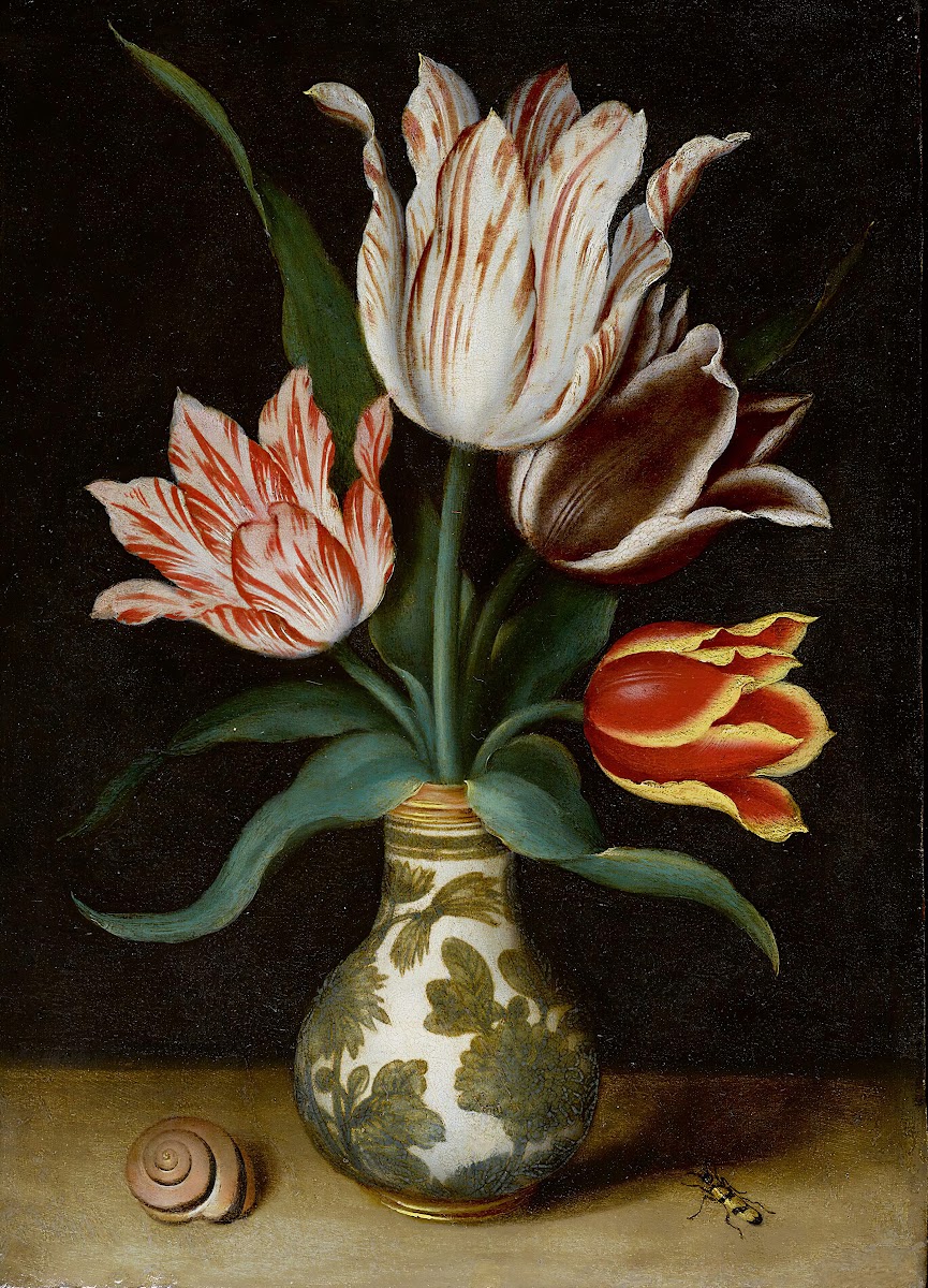 Still Life Of Four Tulips In A Wan Li Porcelain Vase