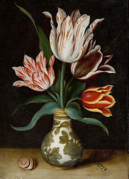 Still Life Of Four Tulips In A Wan Li Porcelain Vase