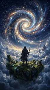 Mysterious Figure on Floating Island Under Cosmic Spiral Sky