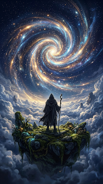Mysterious Figure on Floating Island Under Cosmic Spiral Sky - Free mobile Wallpaper