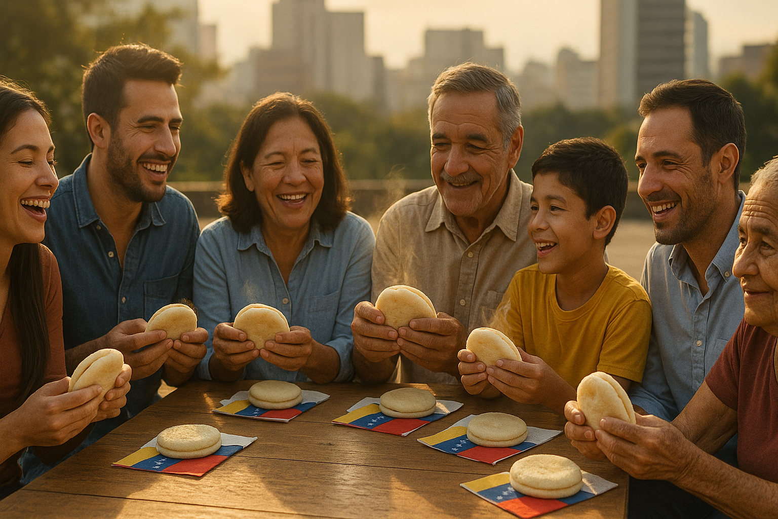 Venezolanos de la diáspora compartiendo arepas en una mesa comunitaria.