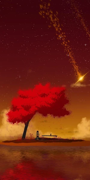 Sunset, Island, Starfall, Red Tree 8K Wallpaper Background