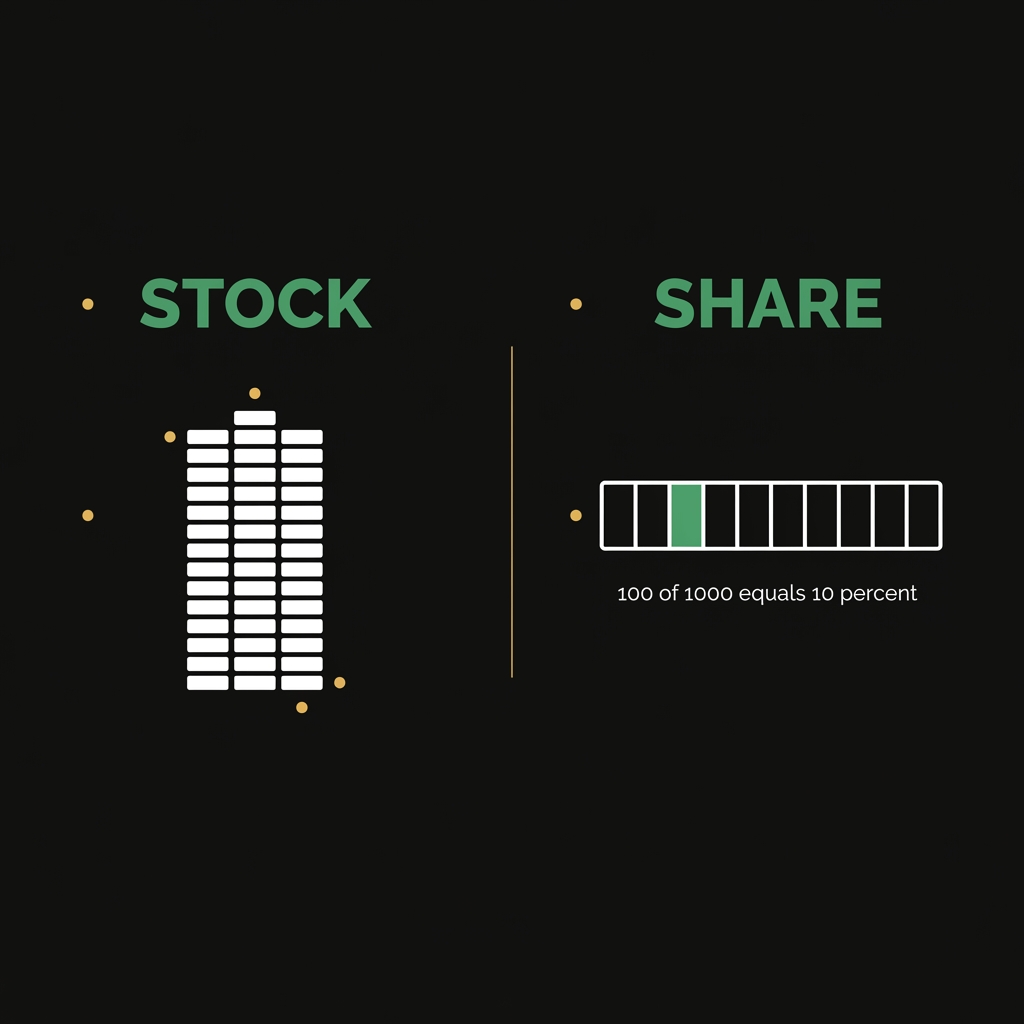 Minimalist infographic comparing stock versus share basic of shares showing 100 of 1000 equals 10 percent on dark Finance Police branded background