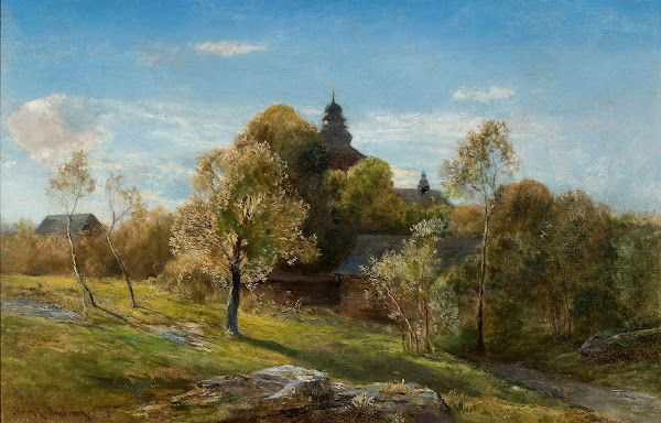 Landscape with a church hidden behind the trees