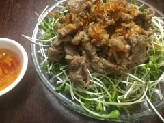 Cho thịt thăn bò, cải mầm vào tô, hành tím. Rưới đều nước mắm đã pha ở trên vào, trộn đều.