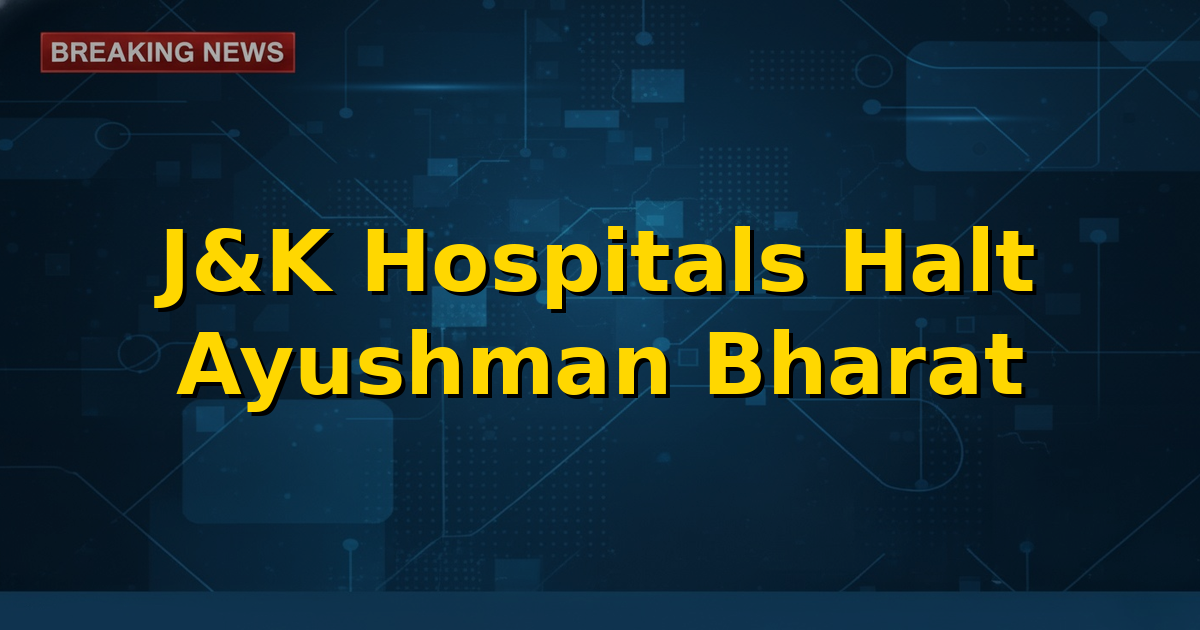 Visual representation of Ayushman Bharat logo with hospital buildings in the background, signifying a halt in services.
