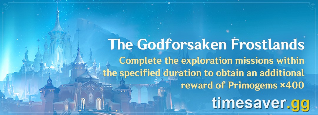 The Godforsaken Frostlands exploration event banner offering an additional reward of Primogems x400