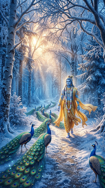 Blue Deity Walking through a Snowy Forest Accompanied by Peacocks - Free mobile Wallpaper