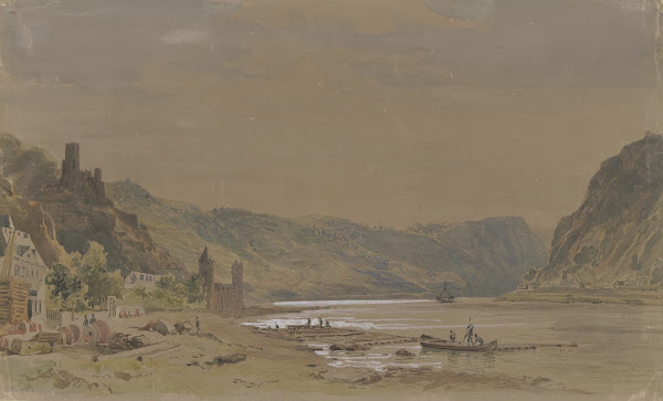 Ansicht von Sankt Goarshausen mit der Burg Maus im Hintergrund der Loreleyfelsen
