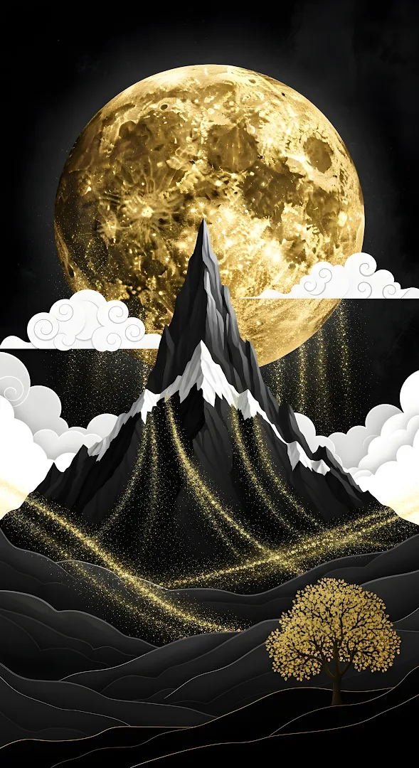 Golden Moon Over Black Mountain Landscape Illustration