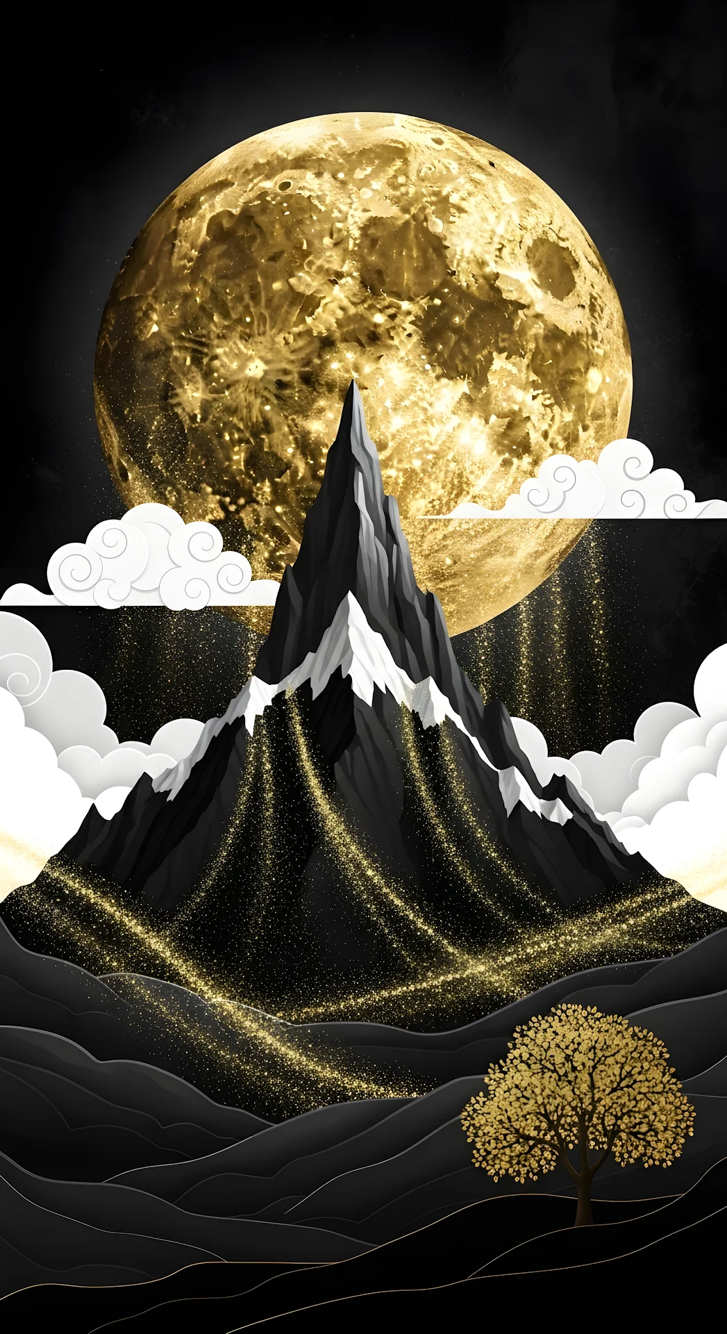 Golden Moon Over Black Mountain Landscape Illustration - Free 4K mobile Wallpaper