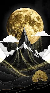 Golden Moon Over Black Mountain Landscape Illustration