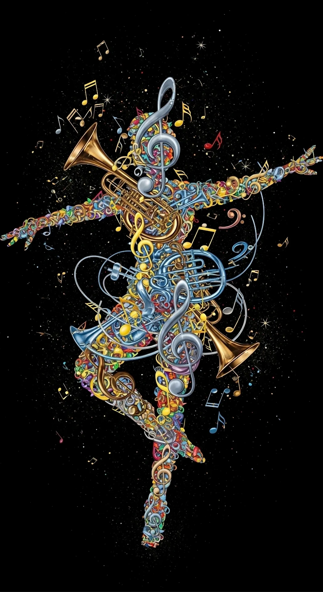 Dancer Formed by Colorful Musical Notes and Instruments - Free 4K mobile Wallpaper