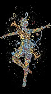 Dancer Formed by Colorful Musical Notes and Instruments