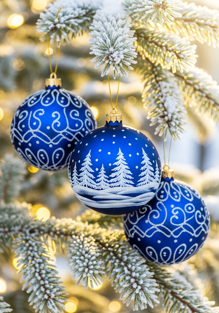 Snowy Blue Christmas Bauble Close-up