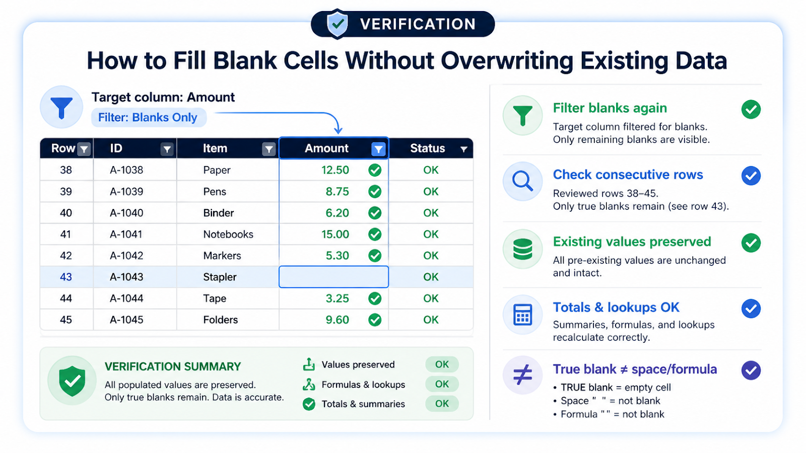 Excel blank-fill verification checking existing data stayed unchanged and only intended blanks were filled